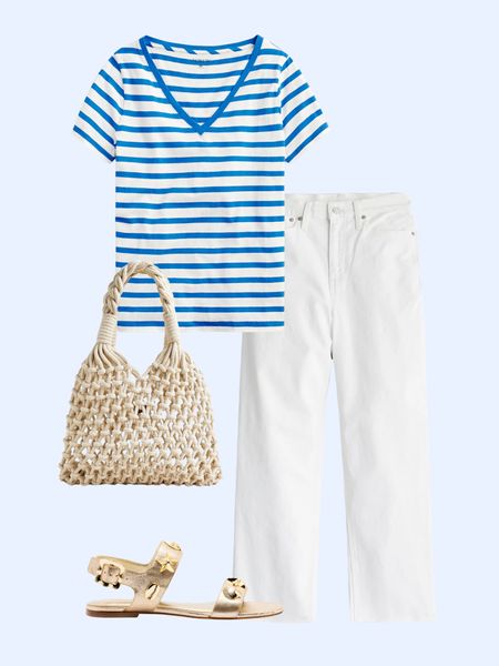 Blue and white striped vintage t-shirt, white wide leg jeans, seashell gold sandals, knotted rope bag

#LTKStyleTip #LTKFindsUnder100 #LTKSaleAlert