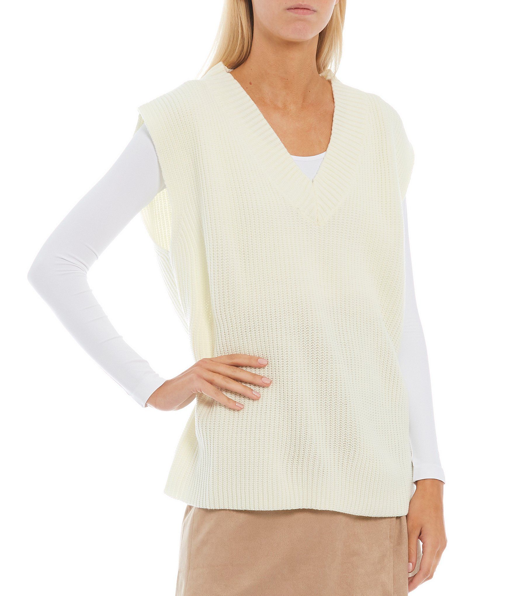 Ribbed Knit V-Neck Oversized Sweater Vest | Dillard's