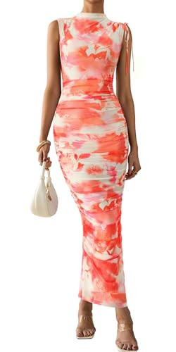 PRETTYGARDEN Women's Summer Maxi Floral Dresses Ruched Bodycon Sleeveless Mesh Formal Wedding Guest Cocktail Split Long Dress (Light Orange,L) | Amazon (US)