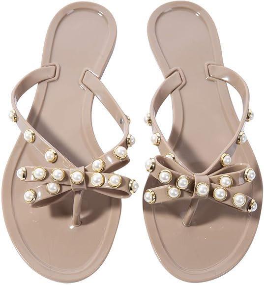 N.N.G Women Pearls Flip Flops Clear Bow Sandals Beach Flat Crystal Jelly Thong Flats | Amazon (US)