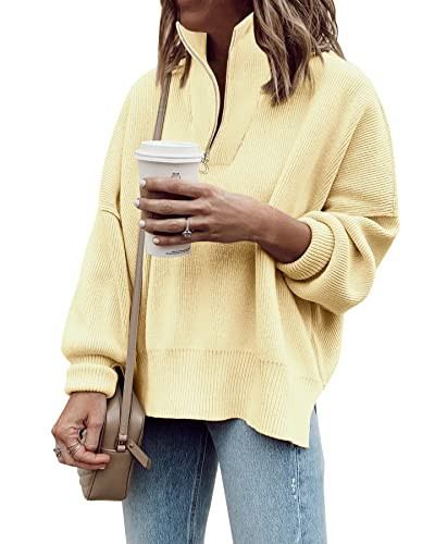 Imily Bela Womens Tunic Sweater Fall Long Sleeve 1/4 Zip Pullover Sweaters Oversized Slouchy Ribbed Knit Sweatshirt with Slit Yellow | Amazon (US)
