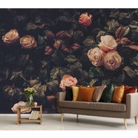 Dark Floral Wallpaper, Vintage Self Adhesive Wall Decal, Art, Removable Peel & Stick Mural #32 | Etsy (US)