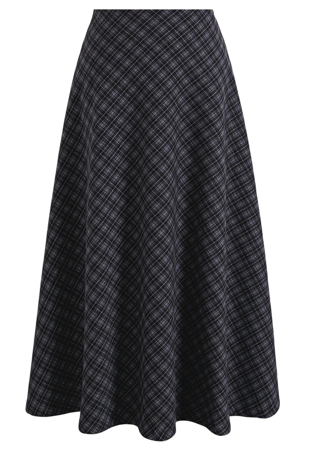 Vintage-Inspired Check Pattern Flare Skirt in Smoke | Chicwish