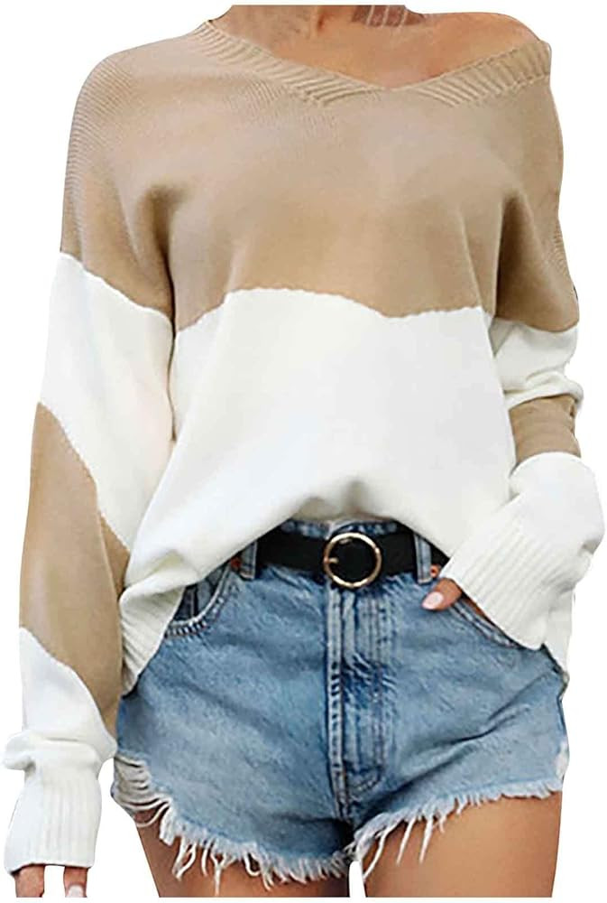 Sweaters for Women Color Splicing Pullover Long Sleeve V-Neck Coat Fashion Casual Loose Fit Casua... | Amazon (US)