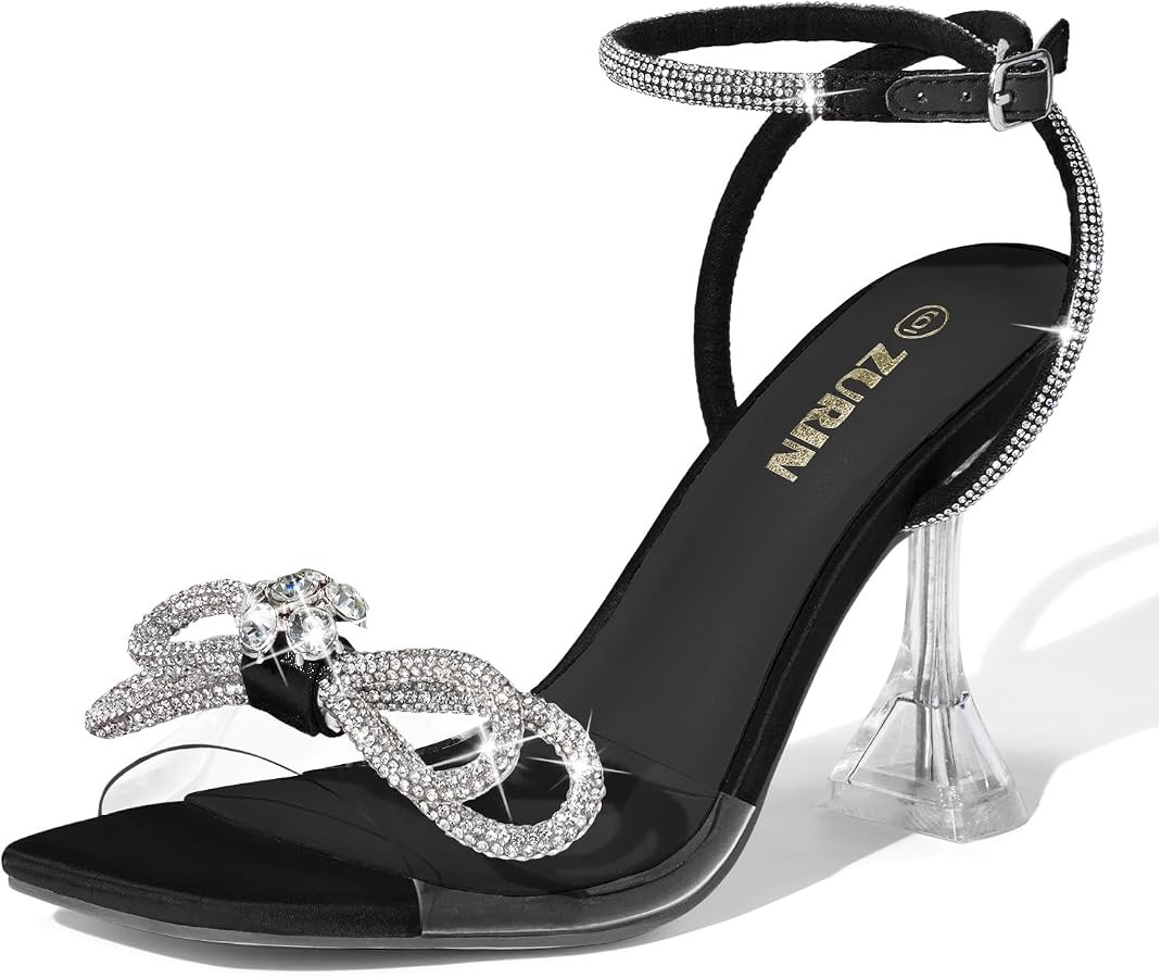 ZURIN Women's Bow Rhinestone Heels Clear Heeled Sandals Prom Crystal Shoes | Amazon (US)