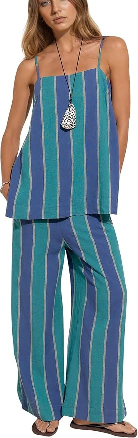 MSBESYOR Women 2 Piece Striped Lounge Sets Summer Set Sleeveless Camisole Top Wide Leg Pants Matc... | Amazon (US)