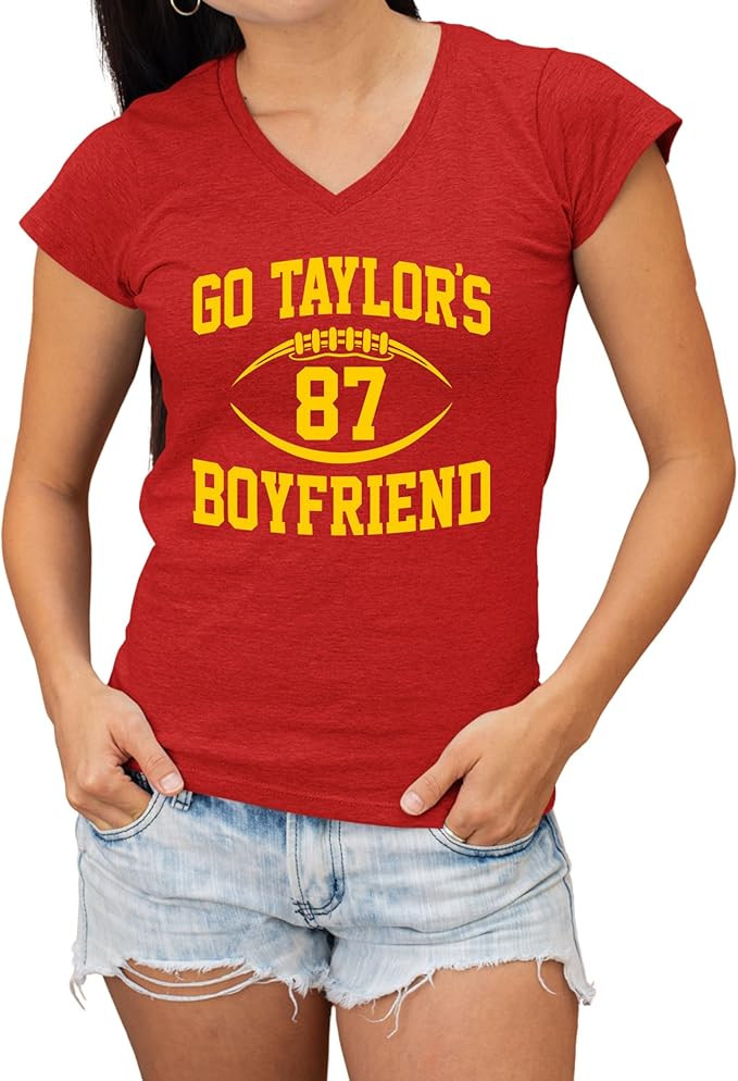 Go All Out Go Taylor's Boyfriend Funny Football Women V Neck T-Shirt | Amazon (US)