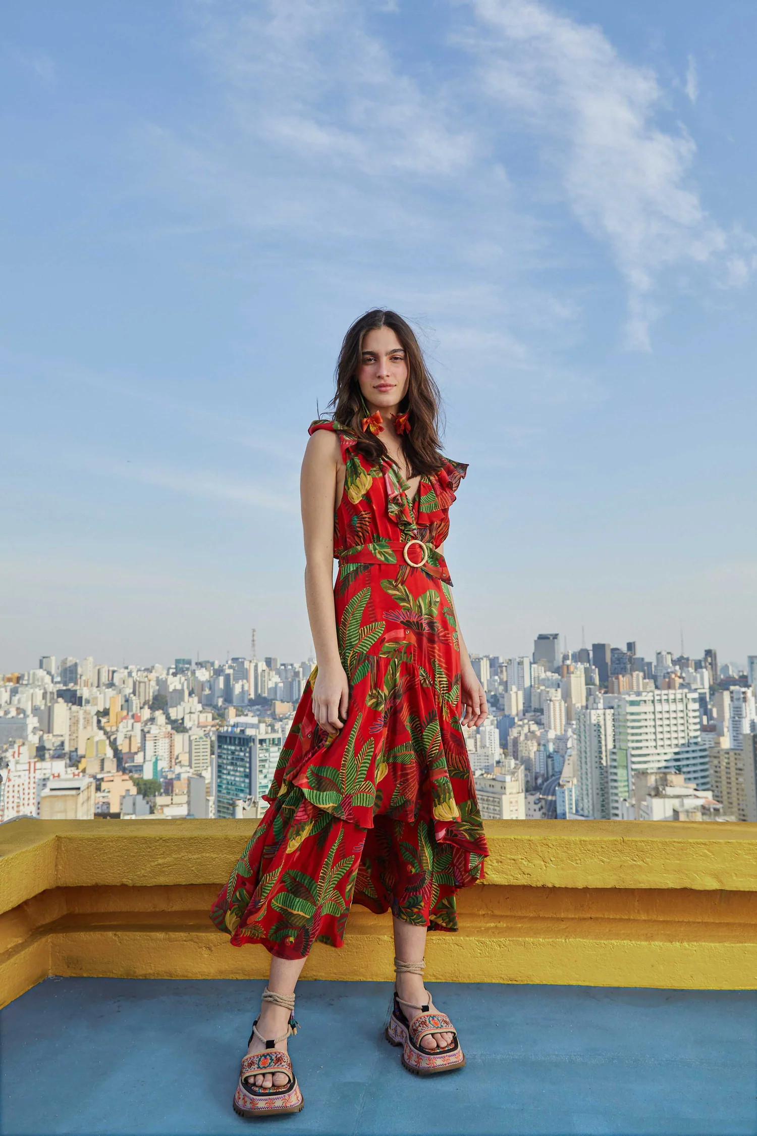 BELTED MIDI DRESS | Red Forest Birds Print | FarmRio (US)