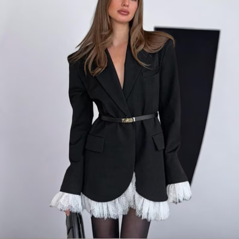 Black Blazer with Lace Hem, Elegant Belted Long Sleeve Suit, Chic Party Evening Outfit Business A... | Etsy (US)