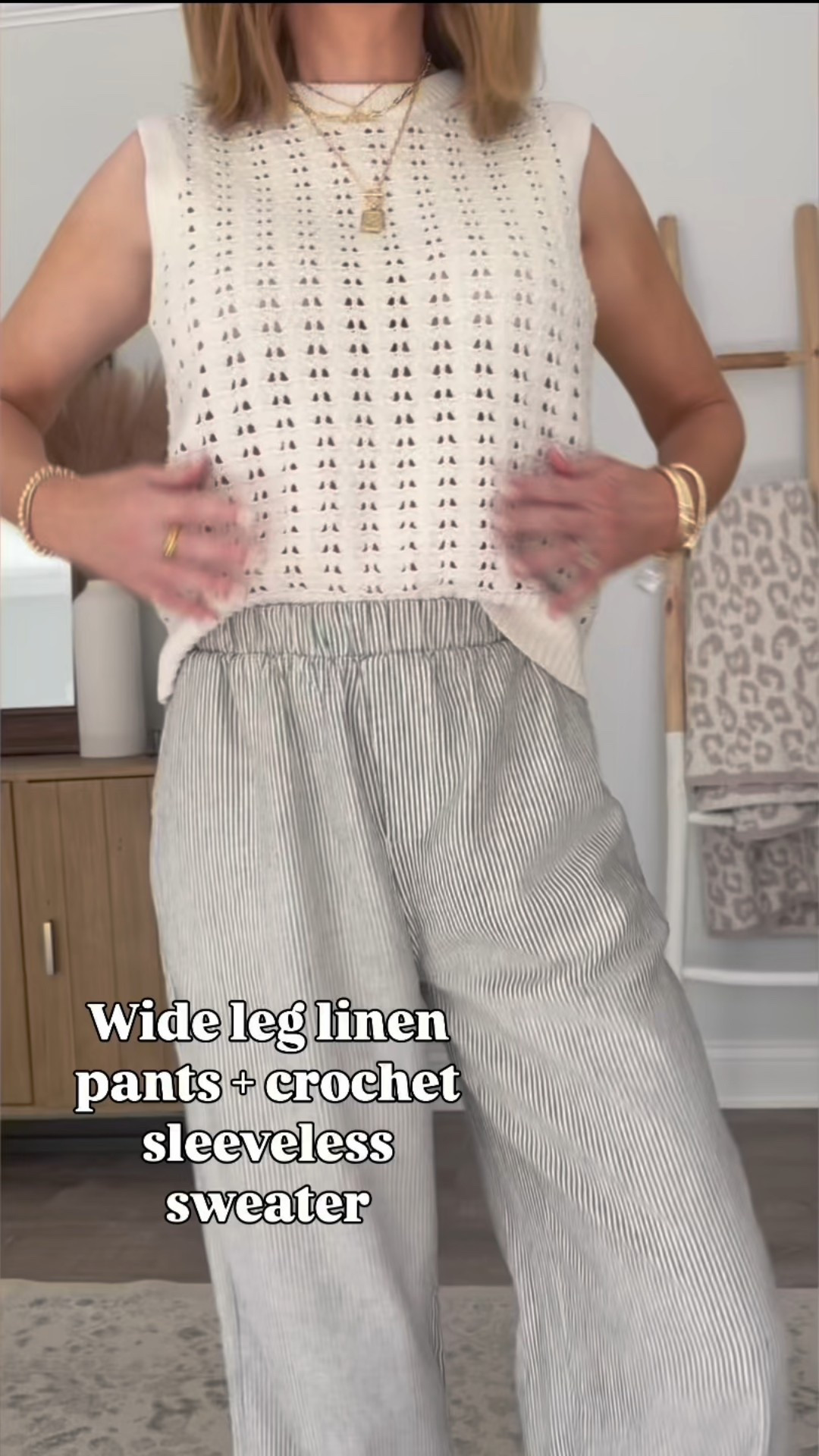 Wide leg linen pants small
Crochet sleeveless sweater medium 

#LTKSeasonal #LTKOver40 #LTKSummerEdit