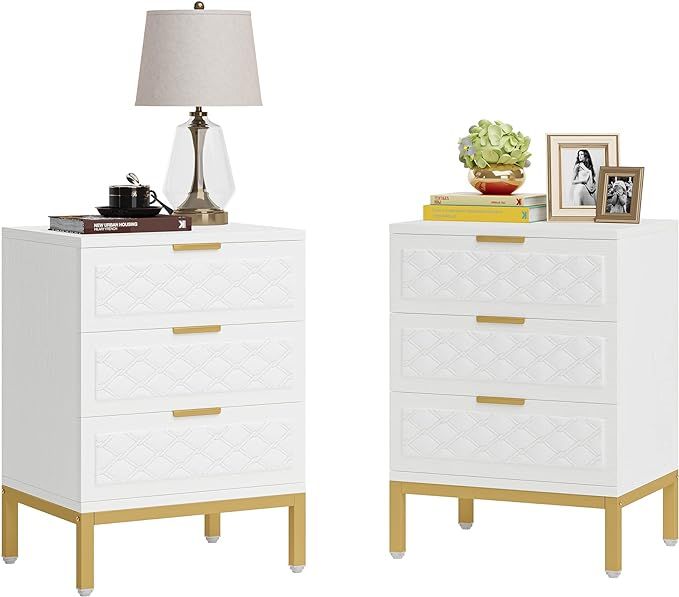 Tribesigns 3-Drawer Nightstand Set of 2, Modern Bedside Table with Storage Drawers and Golden Leg... | Amazon (US)