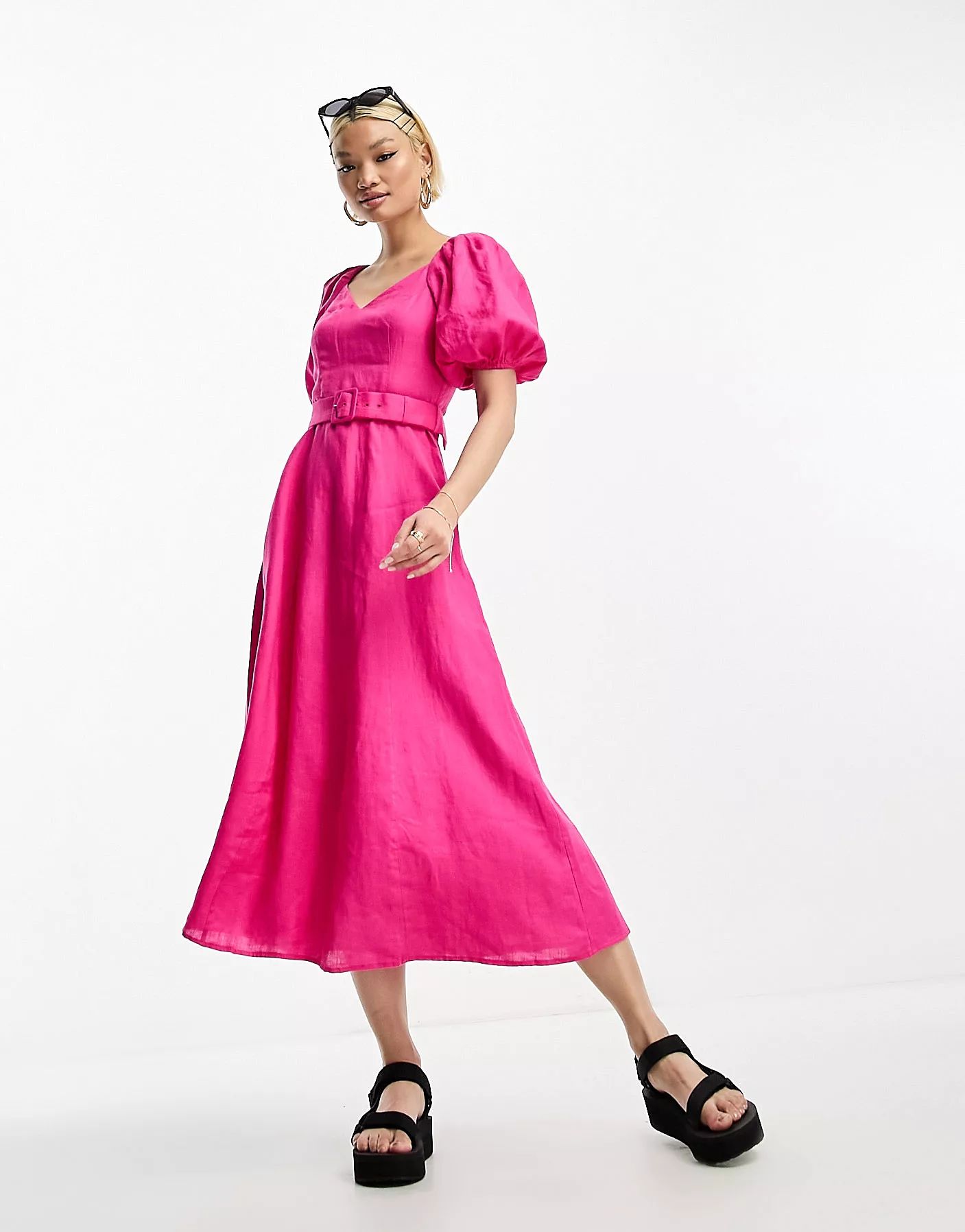 & Other Stories linen puff sleeve belted midaxi dress in pink | ASOS (Global)