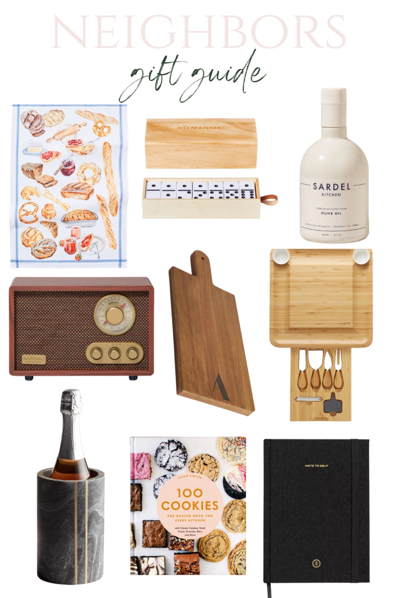 Neighbors, gift guide, gift idea, tea towel, dominoes olive oil, speaker, charcuterie, serving board, wine chiller, cookbook, journal 

#LTKGiftGuide #LTKSeasonal #LTKHoliday