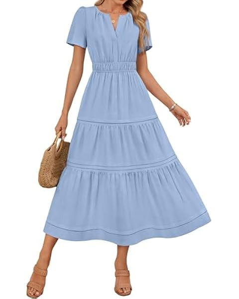 PRETTYGARDEN Women's Summer Midi Dress 2025 Casual Short Sleeve V Neck Buttons Belted Ruffle A Li... | Amazon (US)