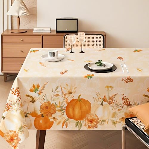 LOSIVISHE Thanksgiving Waterproof Tablecloth – Beige Watercolor Pumpkin, Leaf & Floral Design – Fall Harvest Table Cover for Thanksgiving Dinner and Autumn Home Decor, W60 x L120 in | Amazon (US)