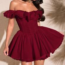 Women's White Sexy Sweet Off-Shoulder Lace Flutter Sleeve Solid Color Ruffled Chest Lace Trim Sweet Puff Dress, Summer | SHEIN