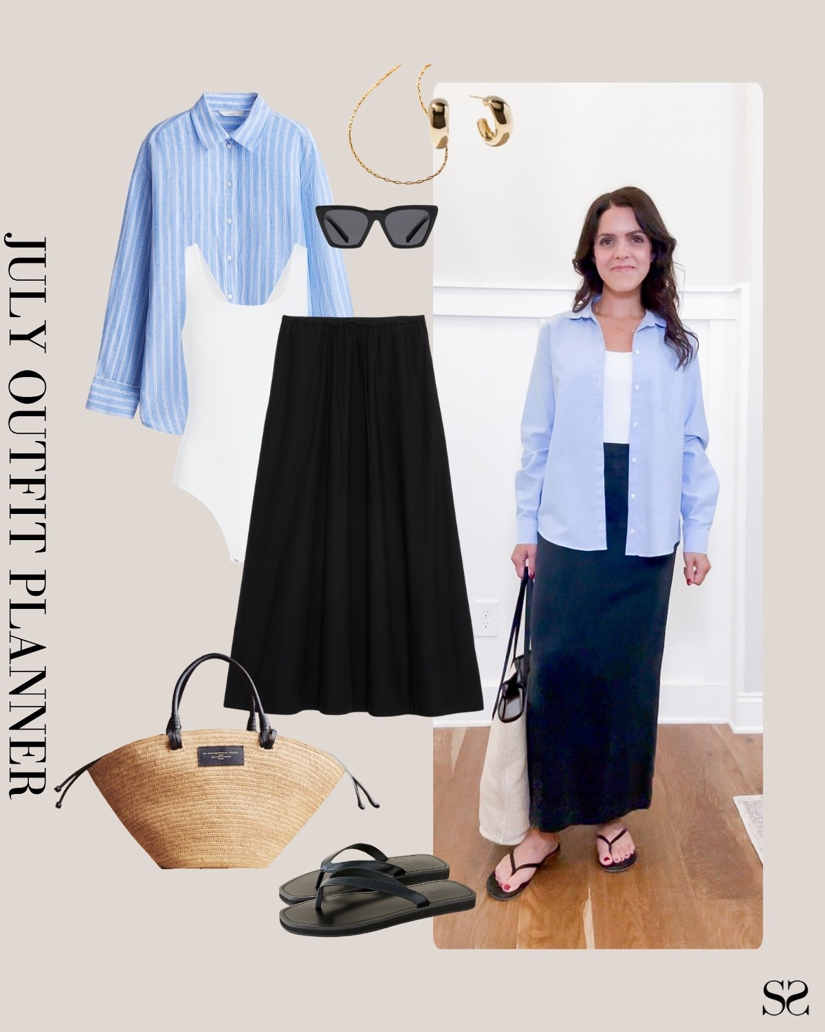 Planner to Person | Monthly outfit planner JULY: What I planned vs. how it’s worn: Summer looks, revisit & rework outfit inspo | blue button up, black midi skirt, raffia tote, flip flop sandals

#summeroutfit #casualstyle


#LTKStyleTip