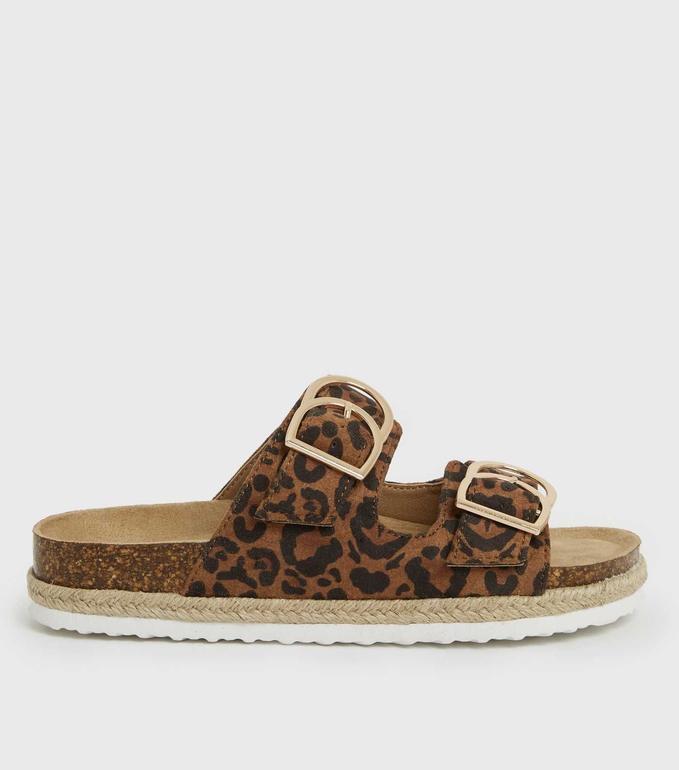 Wide Fit Brown Leopard Print Buckle Footbed Sliders | New Look | New Look (UK)