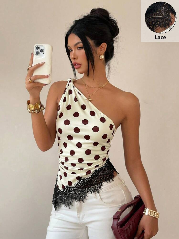 Siren Gaze Women's Stylish Polka Dot Lace Patchwork Twist Knot One-Shoulder Top, Elegant Fitted W... | SHEIN