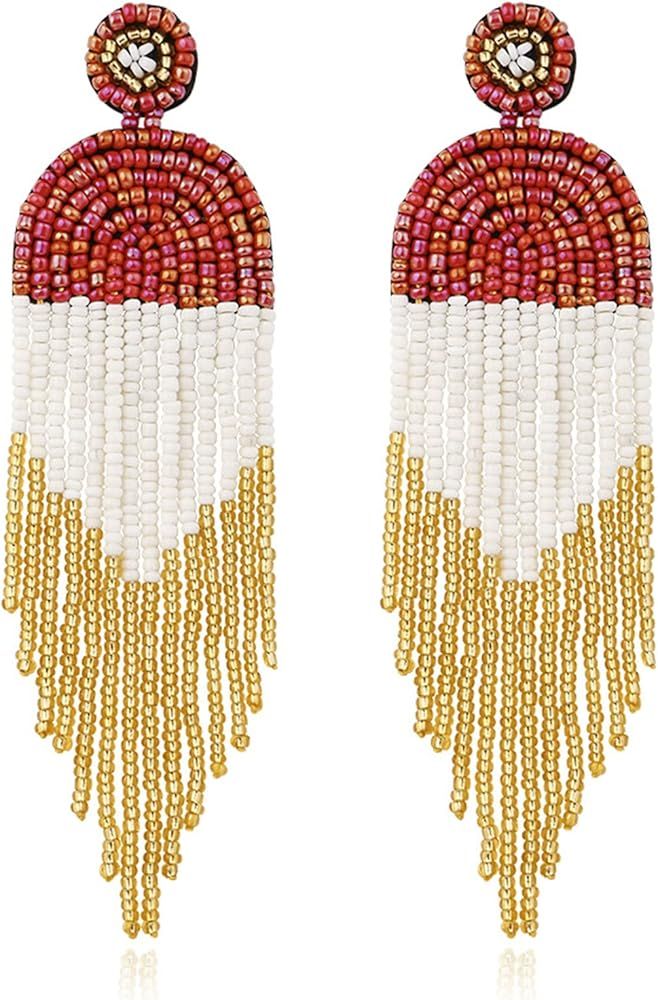 Behimian Cilorful Beaded Earrings for Women Long Beaded Statement Tassel Fringe Drop Handmade Earrin | Amazon (US)