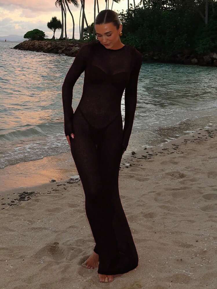 £9.95£17.99-44%Women Crochet Knitted Long Sleeve Maxi Dress Sheer See Through Backless Swimsuit... | SHEIN