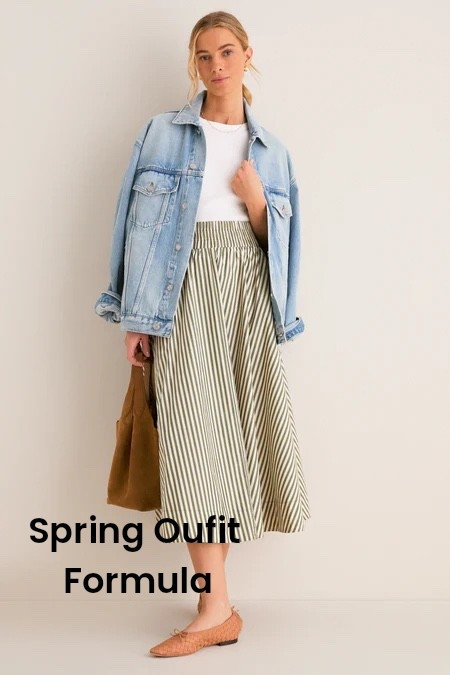 This is one of the of my favorite outfit combinations for Spring! Midi Skirt, tee shirt, blue jean jacket, comfy shoes and a statement purse. It works great for travel, as well. 

#LTKTravel #LTKootd #LTKOver40