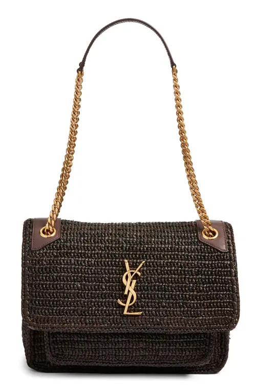 Saint Laurent Medium Niki Woven Raffia Shoulder Bag in Chocolate Truffle at Nordstrom | Nordstrom