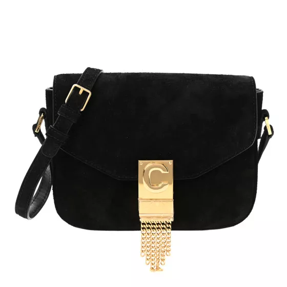 Celine C Shiny Calfskin Shoulder Bag Small with Pampille- Black