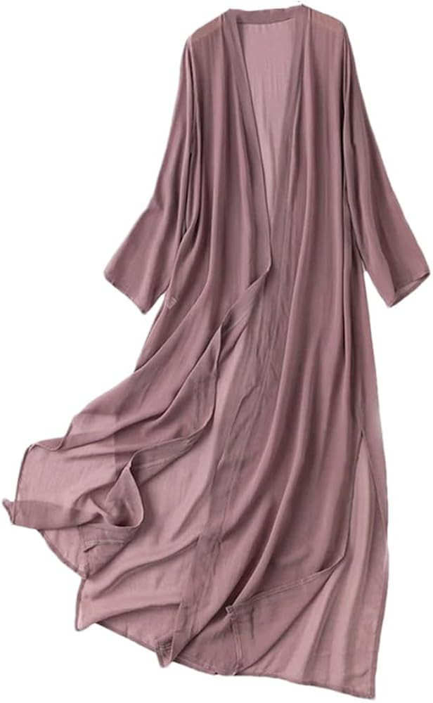 Women 100% Silk Thin Long Cardigans Solid Color Long Sleeves Open Front Cardigan Shawl Jacket | Amazon (US)