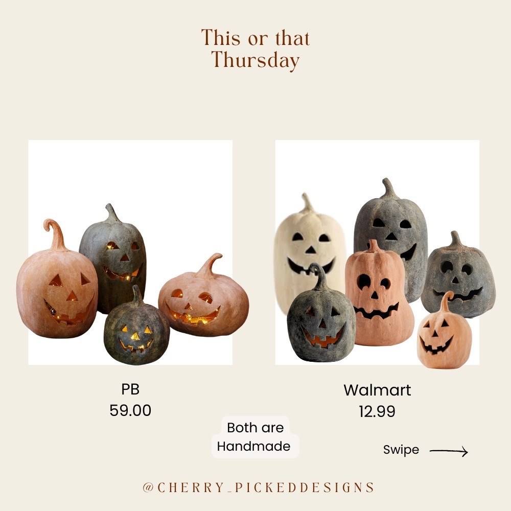 🎃👻 This or That Thursday: Spooky Savings Edition! 👀 Which handmade pumpkin set are you picking for your fall decor? 🍂 There’s so many colors and sizes.  Get the Pottery Barn look for less with these adorable Walmart finds! Both are perfect for adding some neutral and organic Halloween vibes to your indoor or outdoor spaces. 

🧡 Follow for more "This or That" comparisons, where I post dupes for home decor along with all the best fall and Halloween and all season home decor inspiration daily! ✨ 

#FallDecor #HalloweenDecor #PumpkinDecor #OutdoorDecor #HomeDecor #OrganicDecor #WalmartFinds #PotteryBarn #DecorOnABudget #SpookySeason #AutumnVibes #HandmadeDecor #ThisOrThatThursday #HomeStyling #SeasonalDecor #InteriorDecor #LTKFall #NeutralHomeDecor

#LTKFindsUnder50 #LTKStyleTip #LTKSeasonal