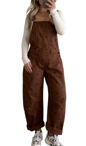 chouyatou Women Y2K Polka Dot Denim Bib Overalls Wide Leg Boyfriend Baggy Barrel Jeans Overalls Jumpsuits (Large, Brown) | Amazon (US)