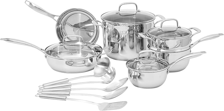 Amazon Basics Stainless Steel 15-Piece Cookware Set, Pots, Pans and Utensils, Silver | Amazon (US)