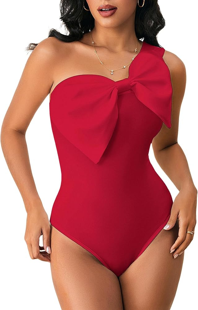 WDIRARA Women's Bow Front One Shoulder Bodysuit Asymmetrical Sleeveless Top | Amazon (US)