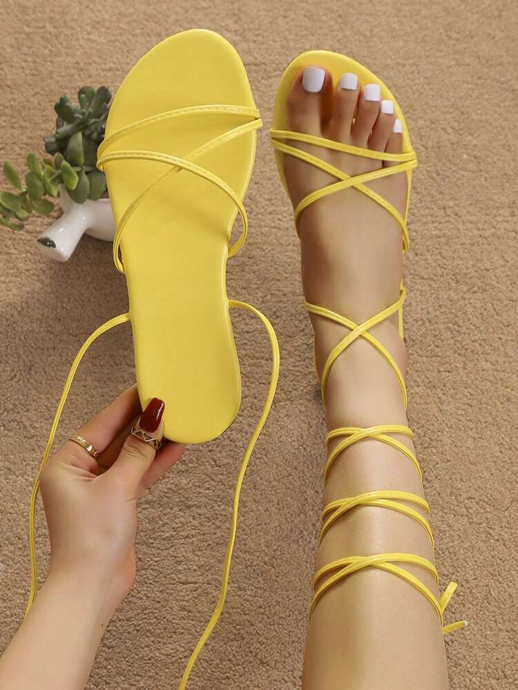 Women Tie Leg Design Strappy Sandals, Funky Outdoor Yellow Flat Sandals | SHEIN