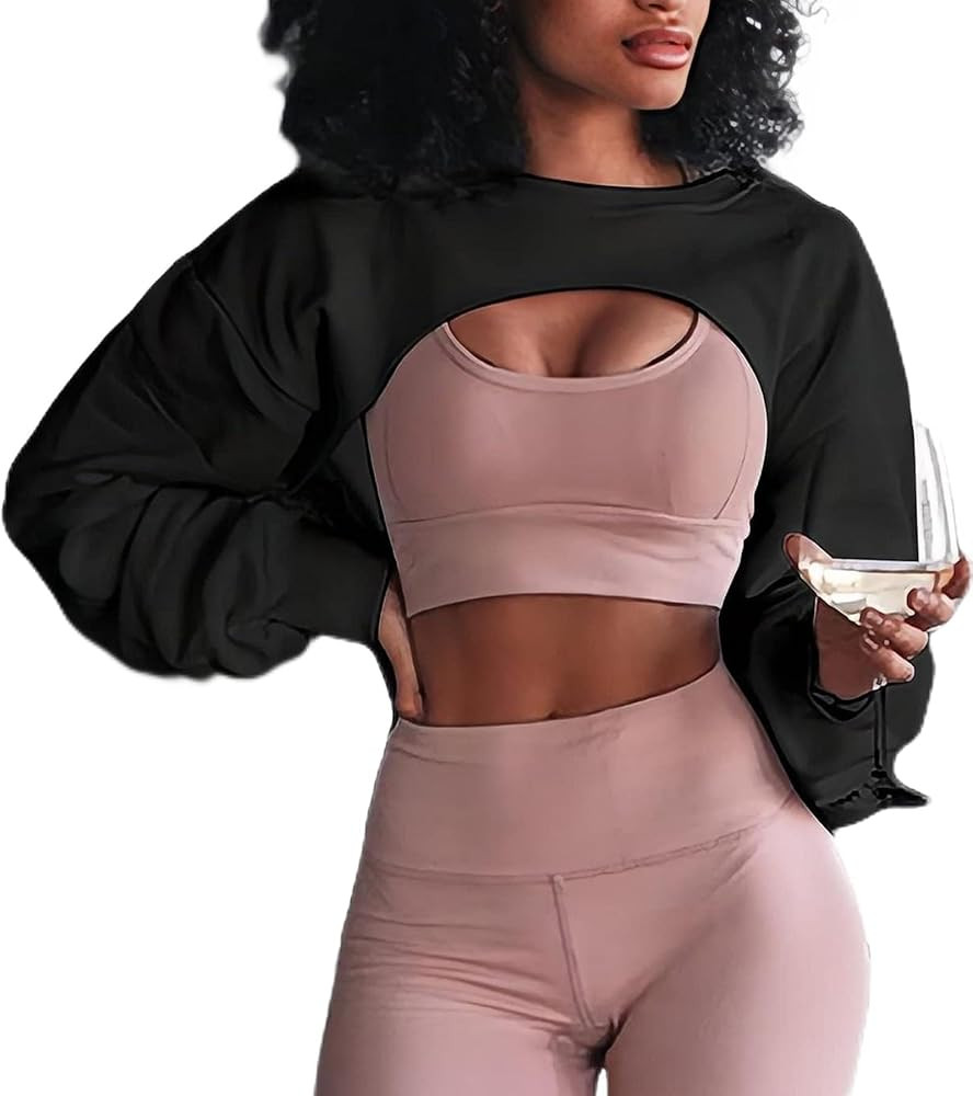 Hilinker Women's Crewneck Long Sleeve Crop Top Casual Loose Cropped Sweatshirt Workout | Amazon (US)