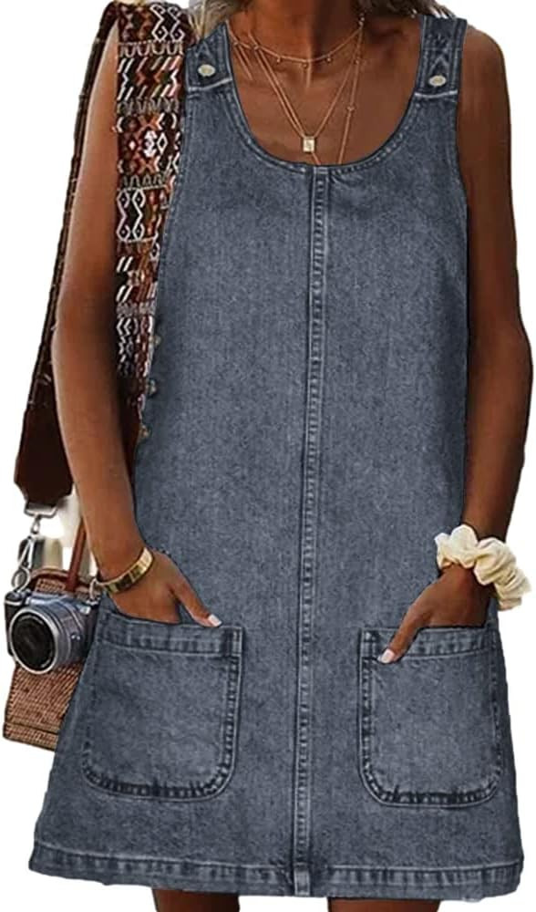 BZB Women's Sleeveless Casual Denim Dress Crewneck Vintage Overall Mini Dress with Pockets | Amazon (US)
