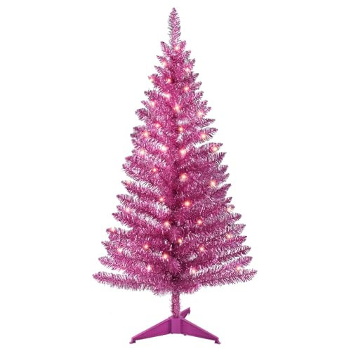 4ft Lighted Artificial Pink Christmas Tree, Not Pre-lit Pink Tinsel Pine Trees with Lights, Ideal for Ideal for Home, Office, and Xmas Party Décor - Includes Stand | Amazon (US)