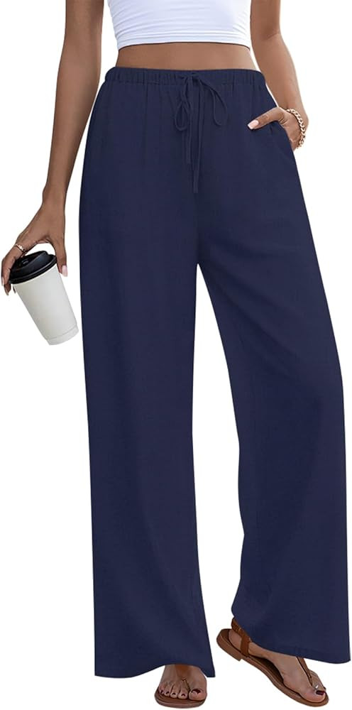 Anymeet Women's Linen Pants Summer Palazzo Flowy Wide Leg Beach Trousers with Pockets S-3XL | Amazon (US)