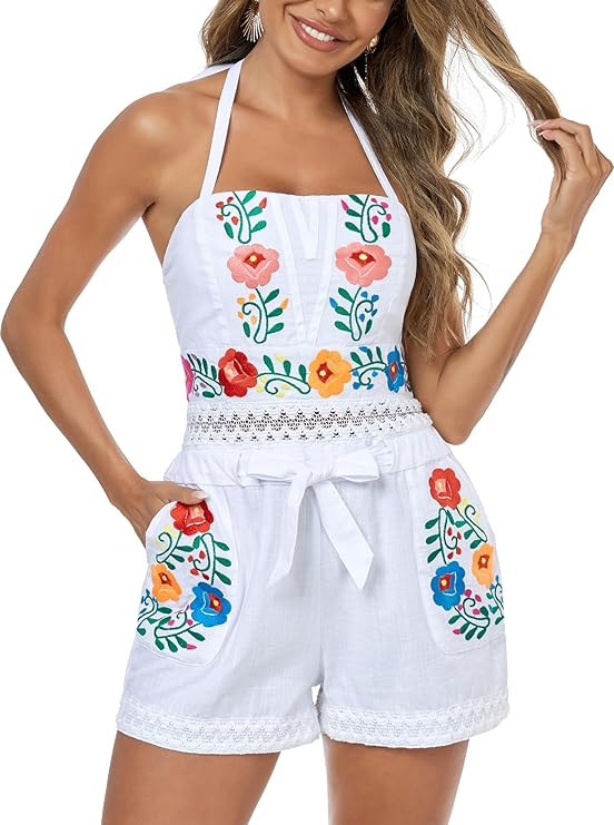 Rompers for Women Summer Boho Embroidered Floral Sleeveless Halter Flowy Casual Tank Top Short Ju... | Amazon (US)