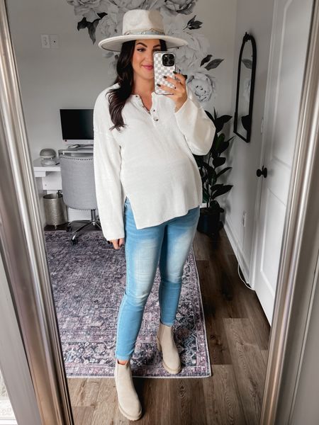 Hat and shoes are from southern charm clothing company: use code TEACHERINTULLE20 for their site. This top is sooo similar to the free people Haley set sweater but for cheaper! I got my normal Prepregnancy size M and it fits perfectly! 

#LTKbump #LTKstyletip #LTKfindsunder50