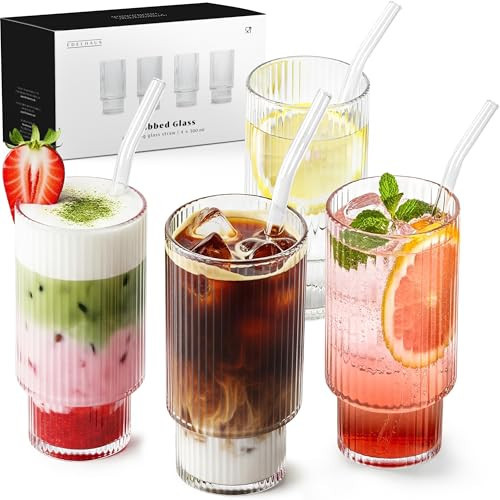 EDELHAUS Gläser Set 4-teilig mit Strohhalm (300ml) - Geriffelte Cocktailgläser, Riffle, Ripple Aesthetic, Gin, Trinkgläser Set, Longdrinkgläser, Matcha Gläser | Amazon (DE)