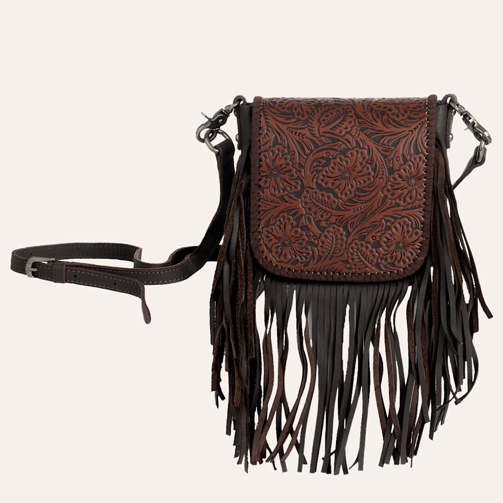 Montana West Coffee Tooled Leather Fringed Crossbody Saddle Bag | Cavender's