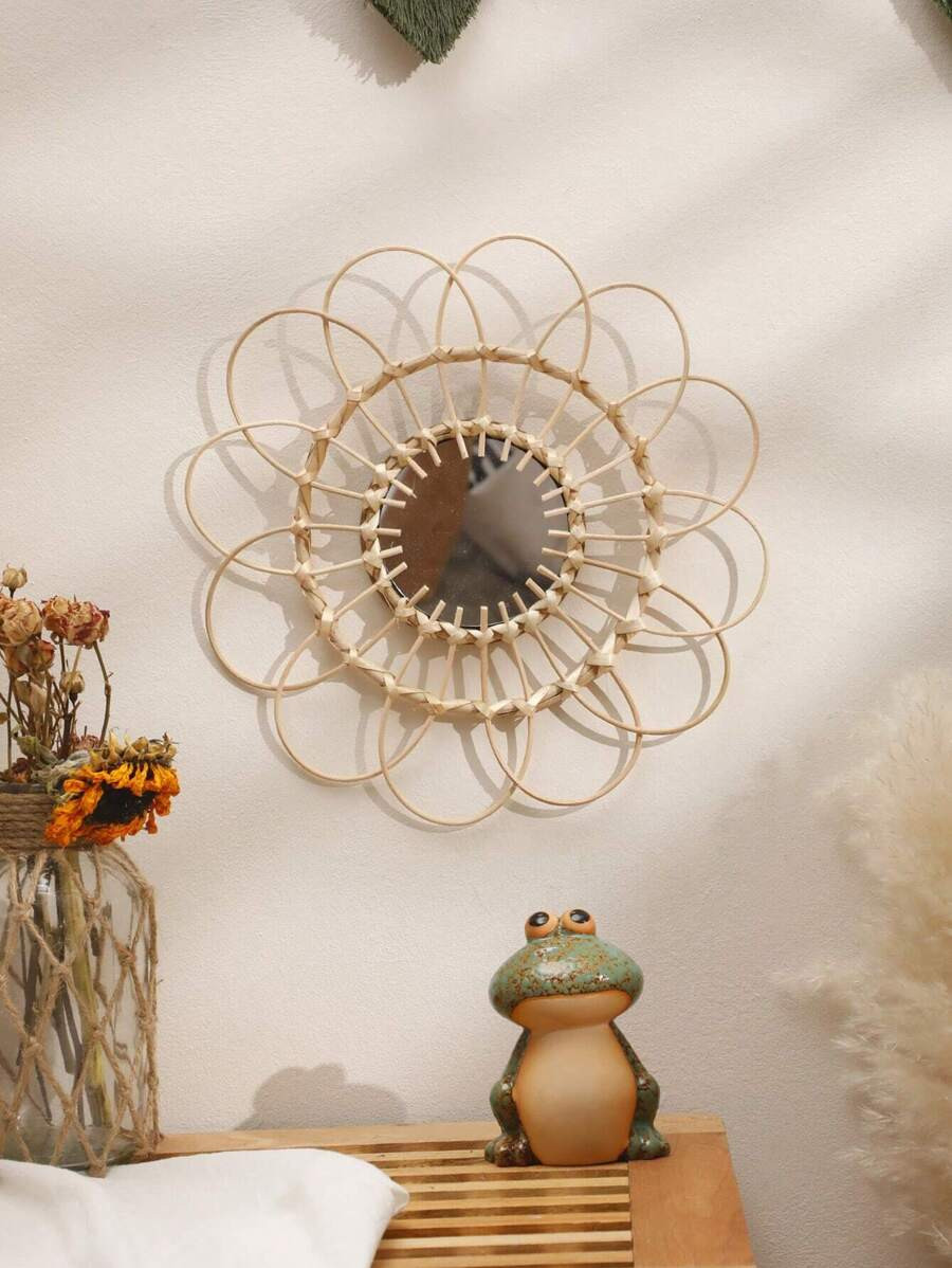 1pc Hanging Mirror Rattan Sunflower Circular Wall Mirror Decor, handmade rattan mirror, Wicker Ra... | SHEIN