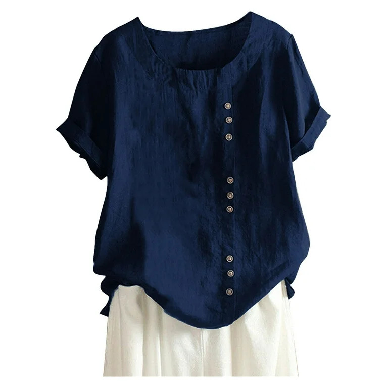 Aunavey Women's Cotton Linen T-Shirts Short Sleeve Tunic Tops Casual Loose Blouse | Walmart (US)