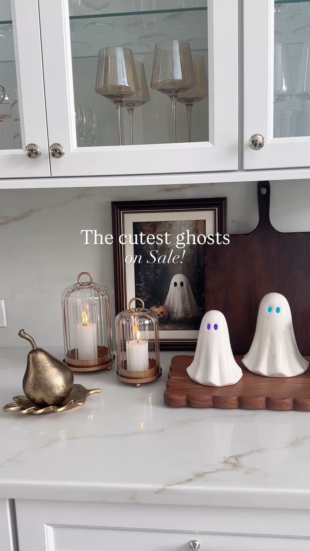 These cute ghosts are back this season! Halloween artwork, brass lanterns, pear bowls, wood boards, amber wineglasses

#LTKHome #LTKSaleAlert #LTKSeasonal