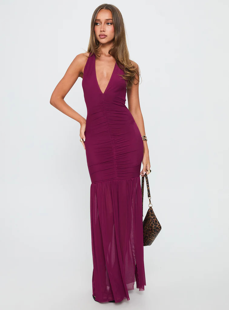 Jailyne Halter Plunge Maxi Dress Plum | Princess Polly US