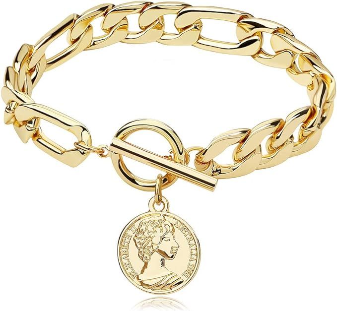 Gold Chain Cuban Link Bracelet for Men Women, Coin Pendant Anklet, 18K Gold Plated | Amazon (US)