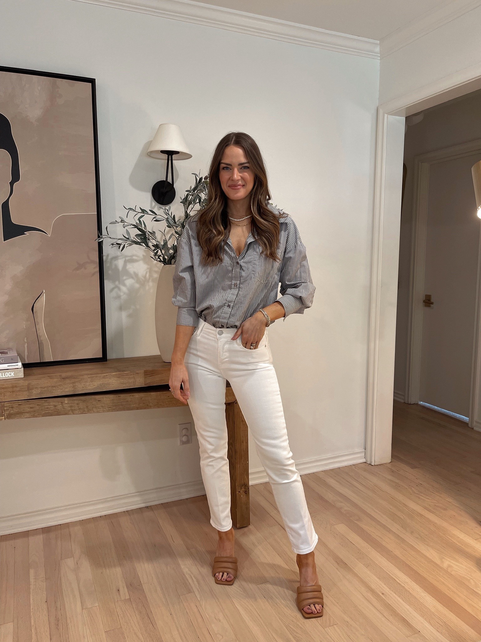 Another way to style these white jeans for a workwear outfit! I'm wearing a size S in the button down & a 25 in the jeans. My heels run TTS. // Frame denim, jeans outfit, white denim, white jeans, summer outfit, workwear 

#LTKstyletip #LTKworkwear