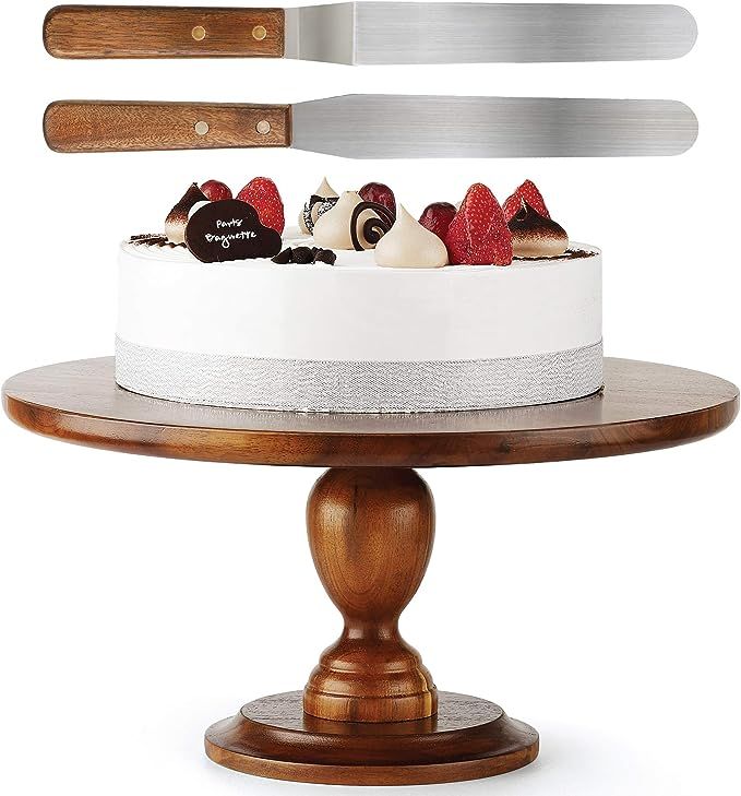 Wooden Cake Stand Acacia – 13 inch Cake Stand with 2 Icing Spatulas - Wedding and Birthday Cake... | Amazon (US)