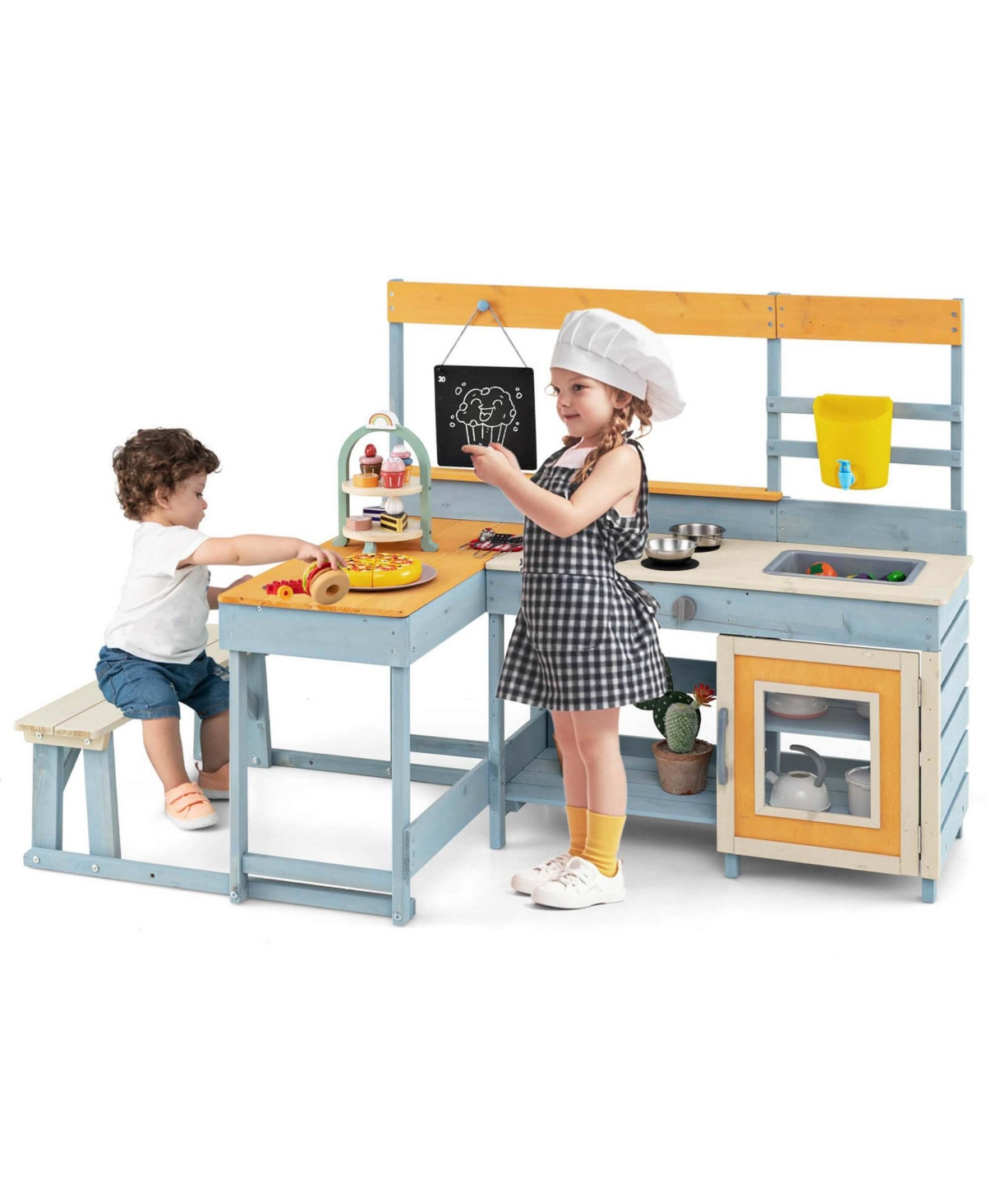 Mud Kitchen with Kids Picnic Table Built-in Bench Blackboard Water Box Sink - Grey | Macy's